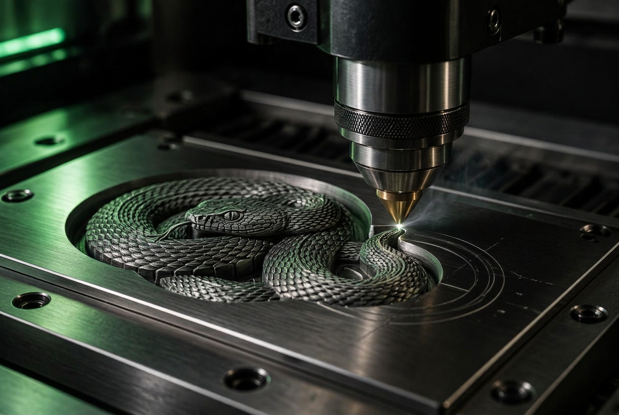MOPA laser head cutting a deep relief of a coiled viper into a thick brushed metal plate